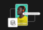 Black background showcasing the product page for headphones being worn by a man in a yellow shirt.