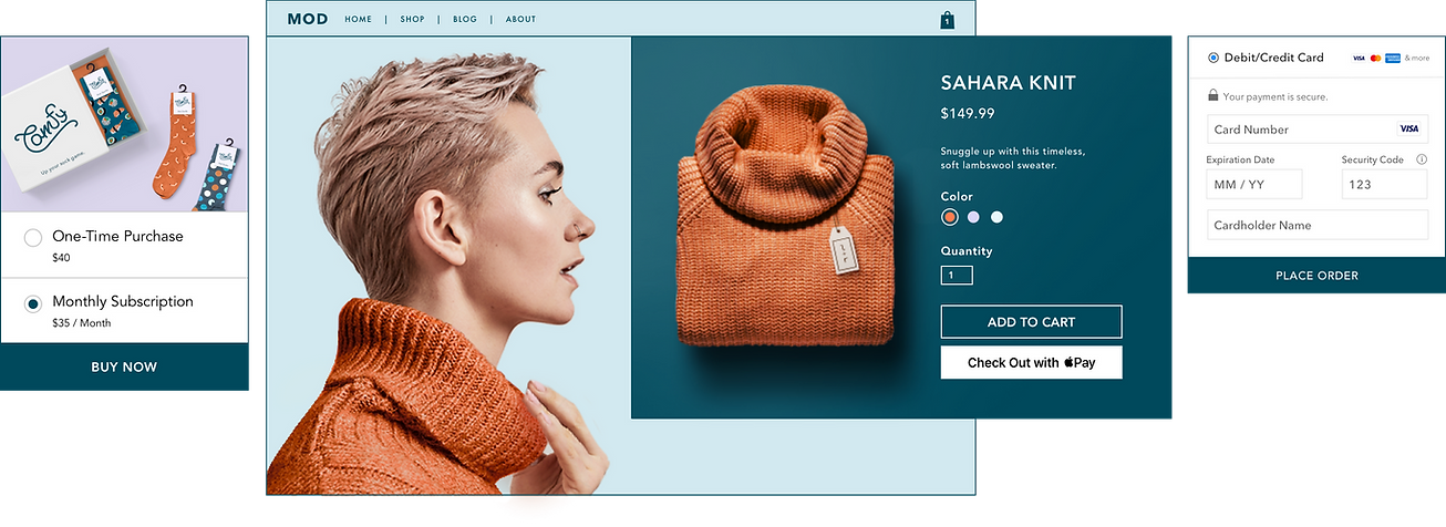 MOD retail online store featuring sock subscription box, knit sweater product page, Wix Payments checkout and Apple Pay checkout.
